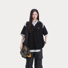 批发2025夏季新款假两件条纹短袖T恤女<b class='q'>潮牌</b>美式学院风百搭休闲上衣潮