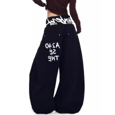 批发美式复古水洗双腰头字母印花牛仔裤女<b class='q'>男</b>街头百搭宽松阔腿弯刀裤潮