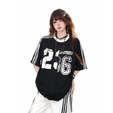 批发纯棉夏季女短袖时尚潮酷宽松T恤圆领<b class='q'>中长款</b>嘻哈爵士跳舞上衣潮