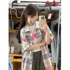 批发美式彩虹色格子半袖衬衫女宽松百搭多巴胺穿搭<b class='q'>情侣</b><b class='q'>短袖</b>潮