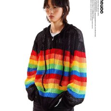 批发设计感痞帅彩虹条纹多巴胺连帽针织罩衫男女春秋宽松显瘦镂空<b class='q'>开衫</b>