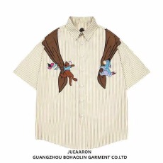 批发童趣小熊衬衫短袖潮流时尚单品复古条纹短袖宽松设计感小众上衣