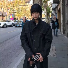 批发美式复古高级感黑色<b class='q'>牛仔</b>外套女设计感小众宽松百搭休闲通勤上衣潮