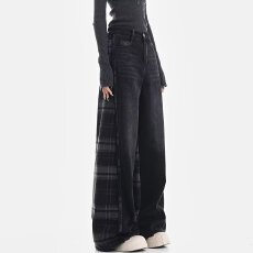 2026春季美式格纹拼接牛仔裤复古男女宽松直筒小众阔腿百搭长裤