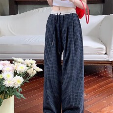 美式蓝色格子休闲裤女春季新款宽松直筒高腰阔腿裤夏季格纹长裤子