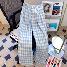 批发胖妹妹大码<b class='q'>韩版</b>chic垂感拖地蓝色格子阔腿裤女春夏高腰显瘦<b class='q'>休闲裤</b>