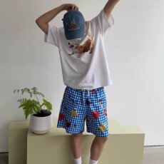 批发美式复古小众蓝色格子图案满印短裤<b class='q'>男</b>女休闲ins透气情侣沙滩<b class='q'>裤子</b>