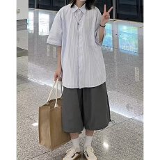 批发日系复古条纹<b class='q'>衬衣</b>男女宽松别致短袖夏季设计感小众学生<b class='q'>衬衫</b>上衣