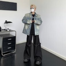 批发美式复古重工水洗直角垫肩牛仔夹克<b class='q'>外套</b>男女春季新款高级感上衣潮