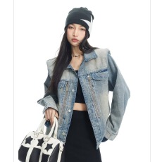 批发美式复古重工水洗直角垫肩牛仔夹克<b class='q'>外套</b>男女秋季新款高级感上衣潮