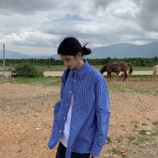 批发美式复古撞色刺绣格子长袖衬衫女秋夏季设计感格纹休闲百搭外套