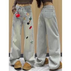 批发<b class='q'>韩版</b>美式春夏新款牛仔<b class='q'>裤</b>女设计感小众刺绣宽松高腰直筒阔腿拖地<b class='q'>裤</b>