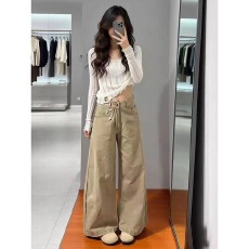 批发小个子美式复古卡其色弯刀直筒牛仔<b class='q'>裤</b>女春季新款<b class='q'>百搭</b>显瘦阔腿长<b class='q'>裤</b>