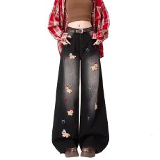 批发黑灰刺绣阔腿牛仔<b class='q'>裤</b>女春秋2026新款高腰宽松设计感<b class='q'>百搭</b>垂感直筒<b class='q'>裤</b>