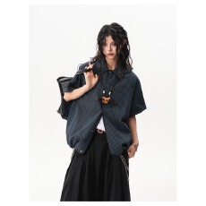 批发美式复古格纹短袖<b class='q'>衬衫</b>女男夏季宽松休闲<b class='q'>衬衣</b>cityboy少年感T恤外套