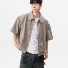 批发小众设计感TR面料<b class='q'>短</b>袖夹克男女夏季cleanfit宽松百搭垫肩衬衫外套