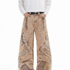 批发欧美式重工复古街头工装风无性别牛仔裤男女宽松休闲破洞阔腿裤