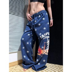 批发美式街头城市星星印花直筒<b class='q'>休闲裤</b>男女宽松阔腿设计感百搭抽绳卫裤