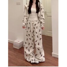 批发美式复古趣味小狗满印阔腿卫裤女春季宽松<b class='q'>休闲</b>百搭潮流松紧腰<b class='q'>长裤</b>