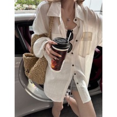 批发白色polo领长袖衬衫女春夏开衫外套韩系宽松衬衣小众休闲防晒上衣