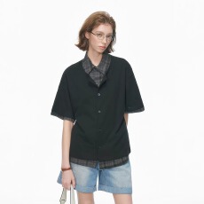 批发老钱风假两件格子短袖衬衫男女夏季人夫感穿搭男生衬衣慵懒气质