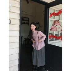 批发韩系巨好看粉色条纹衬衫女春夏2026新款宽松长袖衬衣上衣