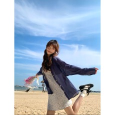 批发韩系藏蓝色薄款防晒长袖衬衫外套女春新款宽松开衫上衣