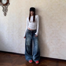 批发美式复古水洗做旧直筒牛仔裤女cleanfit高级感宽松裤子潮