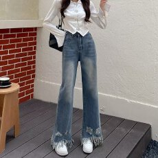 批发高街复古微喇叭牛仔裤女流苏毛边长裤显瘦弹力拖地垂感紧身马蹄裤