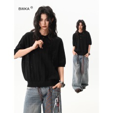 批发薄款透气提花短袖<b class='q'>T</b><b class='q'>恤</b>男女夏美式复古POLO衫镂空设计感亨利领上衣