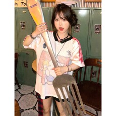 批发美式复古白色kitty猫印花短袖<b class='q'>t</b><b class='q'>恤</b>男女夏季新款宽松v领运动球衣