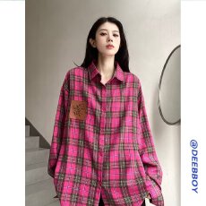 批发美式复古粉色格子<b class='q'>衬衫</b>女款秋季长袖<b class='q'>衬衣</b>男女潮流百搭外套