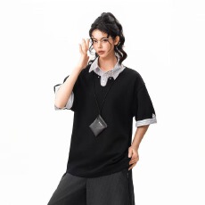 批发美式假两件正肩POLO衫<b class='q'>男</b>女夏季设计感翻领格子<b class='q'>衬衫</b>领拼接短袖T恤