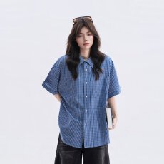 批发2026美式复古格子衬衫短袖男女高级感休闲宽松春夏衬衣外套