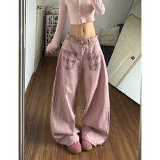 批发粉色美式高腰阔腿牛仔裤女2025年春夏新款紫色窄版直筒拖地裤子