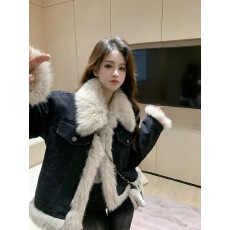 批发复古宽松牛仔外套女秋<b class='q'>冬</b>季加厚2025新款高级感拼接毛毛棉服爆款