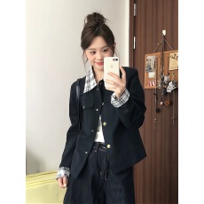 批发独特漂亮的初秋外套女2025新款春秋小个子休闲翻领格纹拼接夹克潮