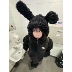 批发2025新款兔耳朵仿羊羔毛外套女短款修身显瘦环保毛棉服上衣学院风