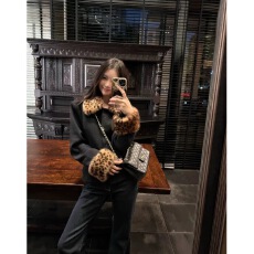 批发设计感小众豹纹毛领单排扣外套女<b class='q'>韩版</b>高级气质短款显瘦加厚上衣