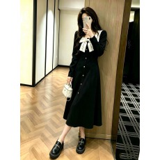批发官图 秋冬减龄高级感赫本风百搭连衣裙蝴蝶结拼接高级小众长裙女