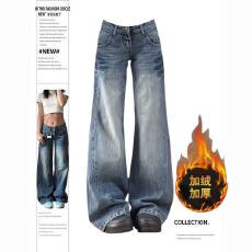 批发新款女装<b class='q'>秋</b>冬加绒美式阔腿牛仔裤加厚宽松显瘦设计感拖地直筒裤女