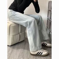 批发设计感竹节纹理宽松直筒牛仔裤女春秋季薄款新款高腰显瘦窄版阔腿