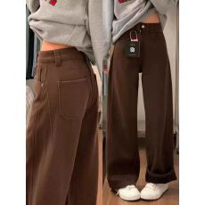 批发高级感加绒弹力直筒牛仔裤女冬季新款软糯垂感显瘦阔腿休闲拖地裤
