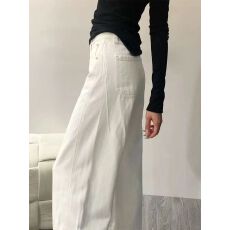 批发白色高腰窄版阔腿牛仔裤女2025秋季新款拖地爆款裤子显瘦直筒长裤