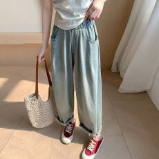 批发蓝色高腰牛仔裤女<b class='q'>秋</b>冬高腰休闲哈伦九分直筒哈伦牛仔萝卜裤