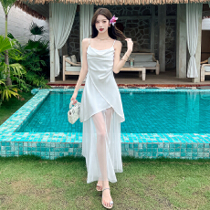 批发御姐风高级感时尚别致显瘦修身网纱拼接超仙荡领不规则纯欲连衣<b class='q'>裙</b>