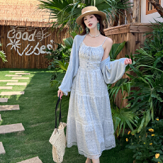 批发独特漂亮田园碎花蕾丝文艺淑女收腰吊带裙<b class='q'>蝙蝠</b>针织纯色外搭两件套