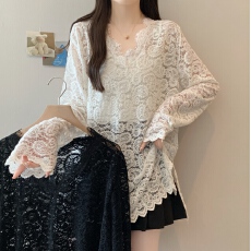 批发实拍 大码女装秋季新款洋气V领蕾丝衫宽松显瘦<b class='q'>中长款</b>打底小衫上衣