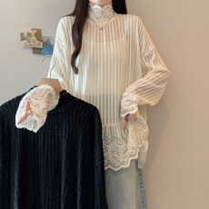 批发实拍 大码女装蕾丝花边长袖立领套头打底衫宽松遮肉气质内搭上衣