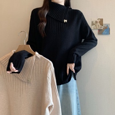 批发实拍 <b class='q'>大码</b>女装秋冬内搭杏色<b class='q'>针织衫</b>独特翻领设计感宽松时尚毛衣